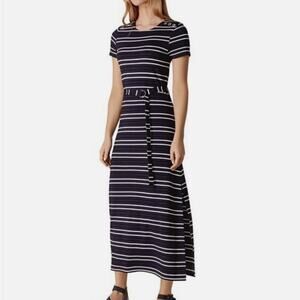 Karen Millen Blue, Black and White Striped Long Dress, Shoulder Grommets Size XS
